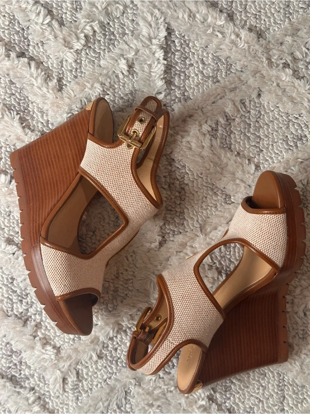 Michael Kors Gillian Wedge Euro Summer Sandals with Cream and Brown Leather Trim